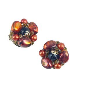 Vintage Hong Kong Cluster Earrings Moonglow Beads Faux Pearl Clip On 1950s Retro